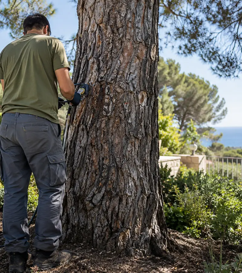 Garden Solution gardener applying endotherapy against the processionary on a pine tree in Mallorca